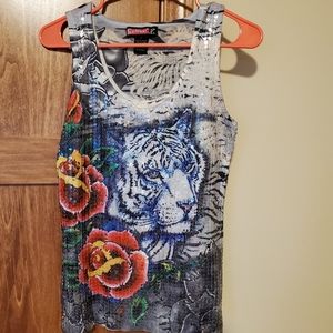 Sequin white tiger rose tank top